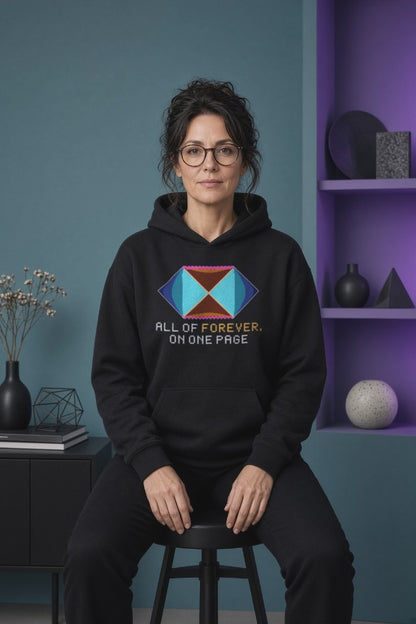 Black Penrose Diagram physics hoodie, pixel-art Schwarzschild spacetime design, turning on a model