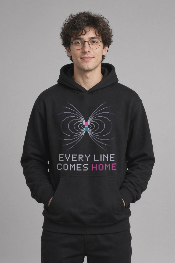 Black Magnetic Dipole physics hoodie, pixel-art magnetic dipole field design, turning on a model