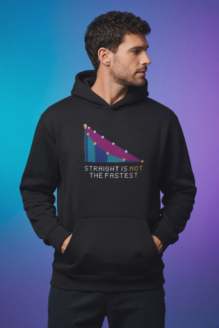 Black Brachistochrone physics hoodie, pixel-art brachistochrone cycloid design, turning on a model
