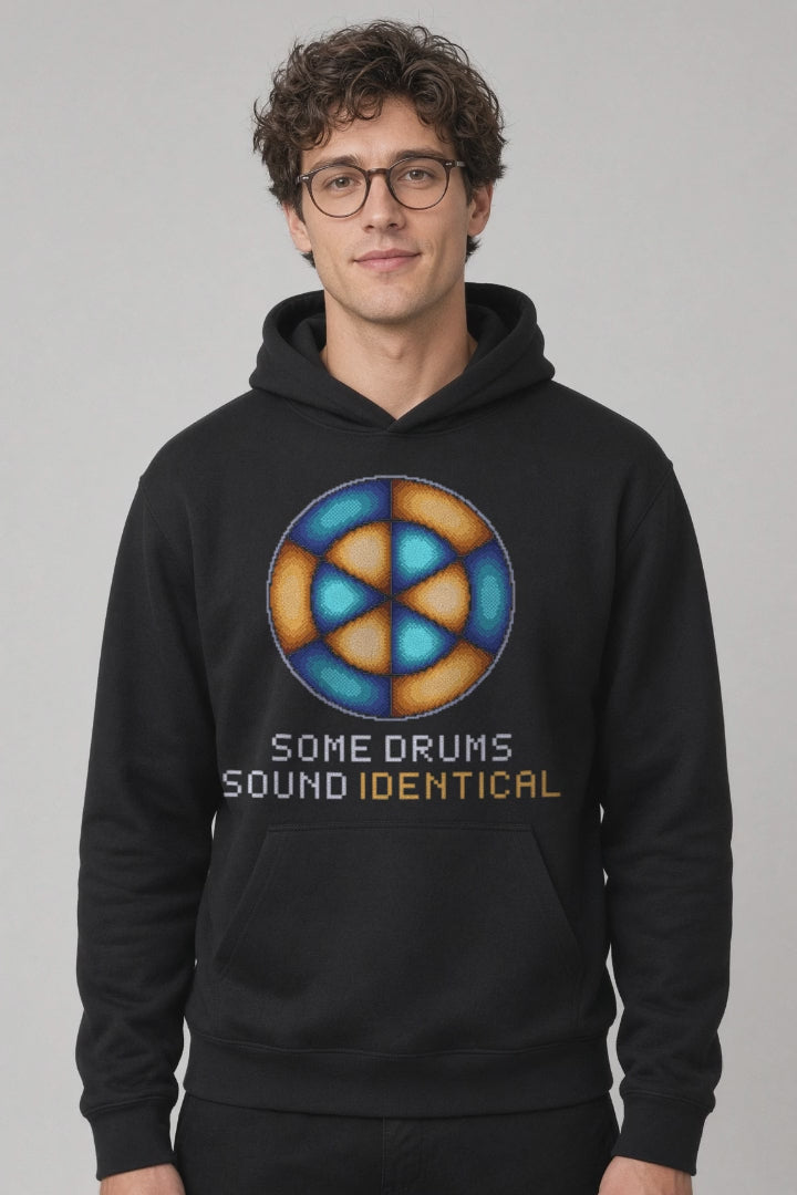 Black Drum Mode physics hoodie, pixel-art circular membrane vibration design, turning on a model