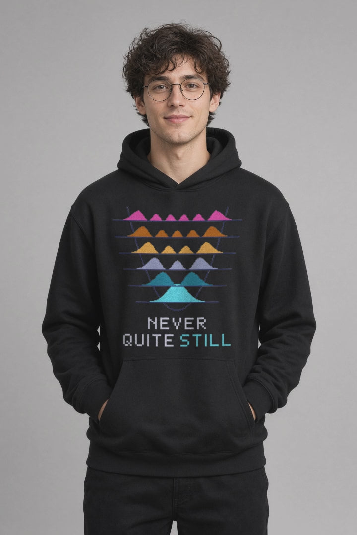 Black Quantum Oscillator physics hoodie, pixel-art quantum harmonic oscillator design, turning on a model