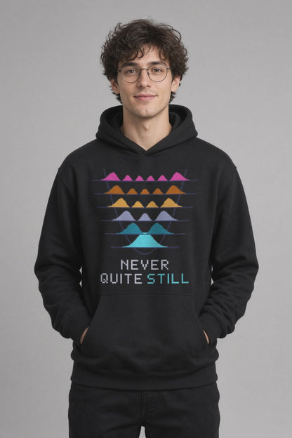 Black Quantum Oscillator physics hoodie, pixel-art quantum harmonic oscillator design, turning on a model
