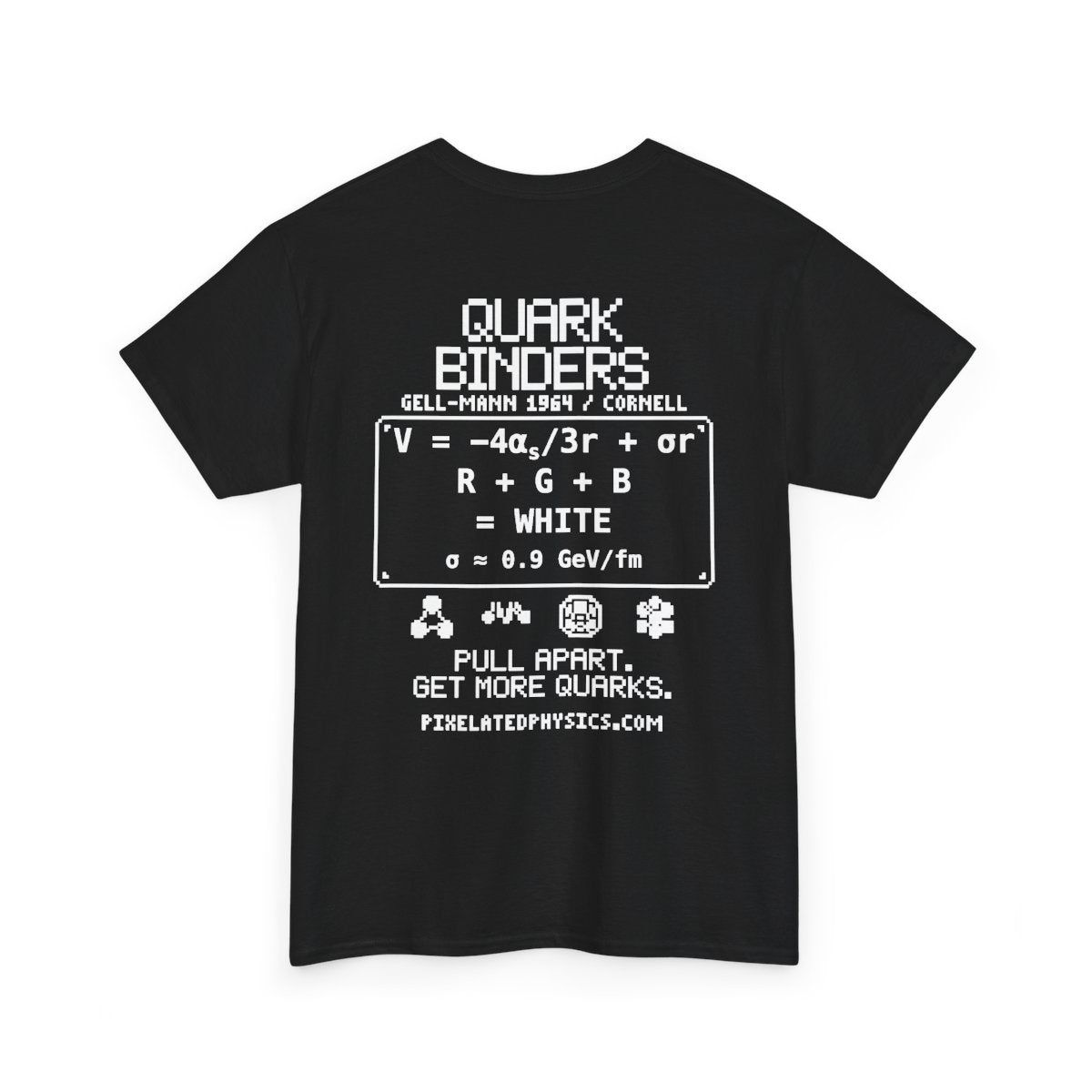 Back of Quarkbinders tee: Quantum Chromodynamics on a black shirt, white ink