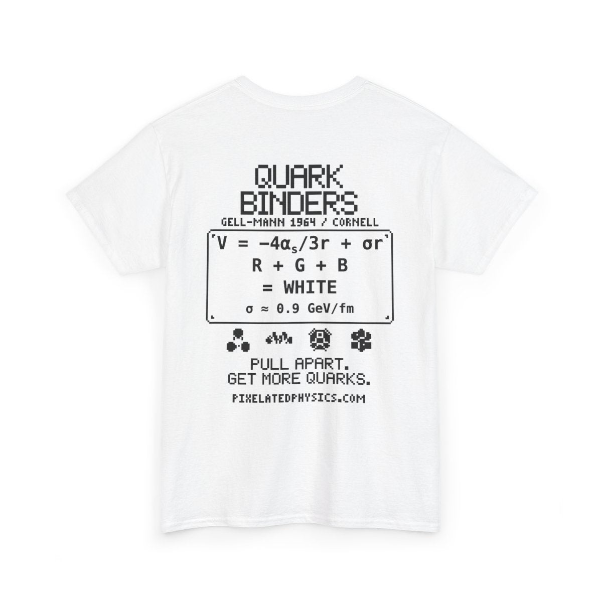 Back of Quarkbinders tee: Quantum Chromodynamics on a white shirt, black ink