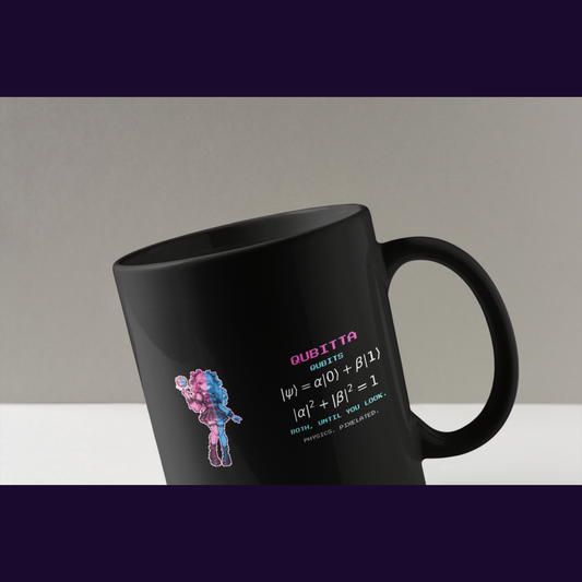 Qubitta physics mug, close-up