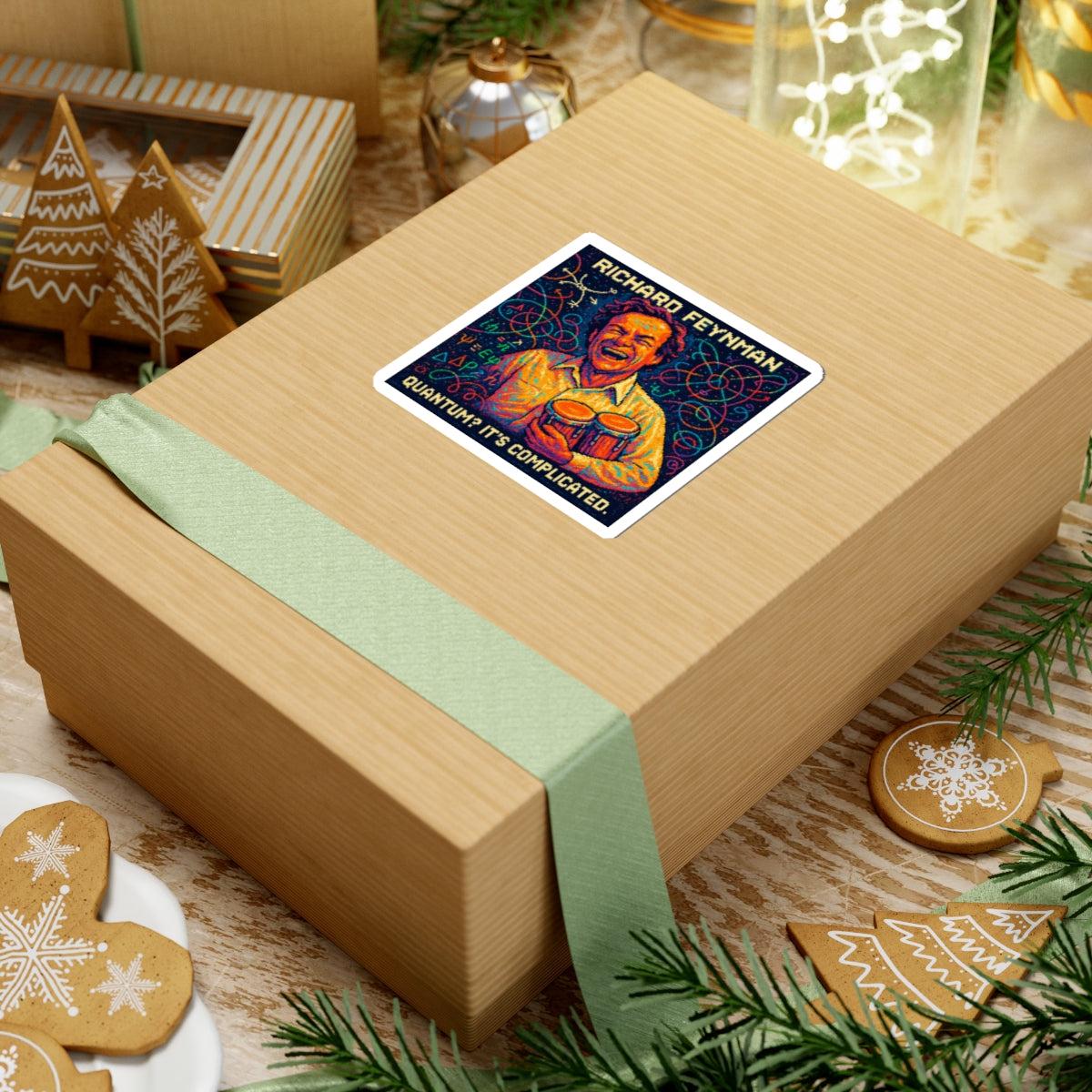 Richard Feynman pixel-art physics sticker on a cardboard box