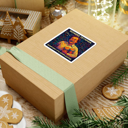 Richard Feynman pixel-art physics sticker on a cardboard box