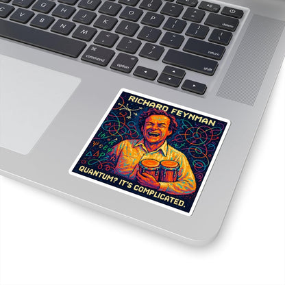 Richard Feynman pixel-art physics sticker on a laptop