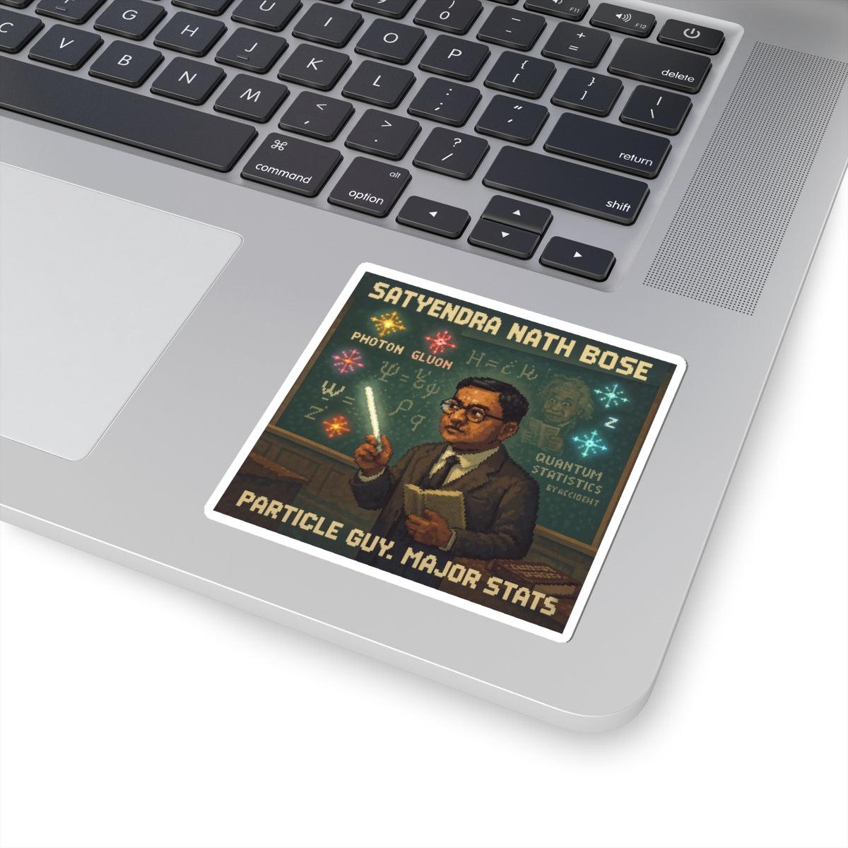 Satyendra Nath Bose pixel-art physics sticker on a laptop