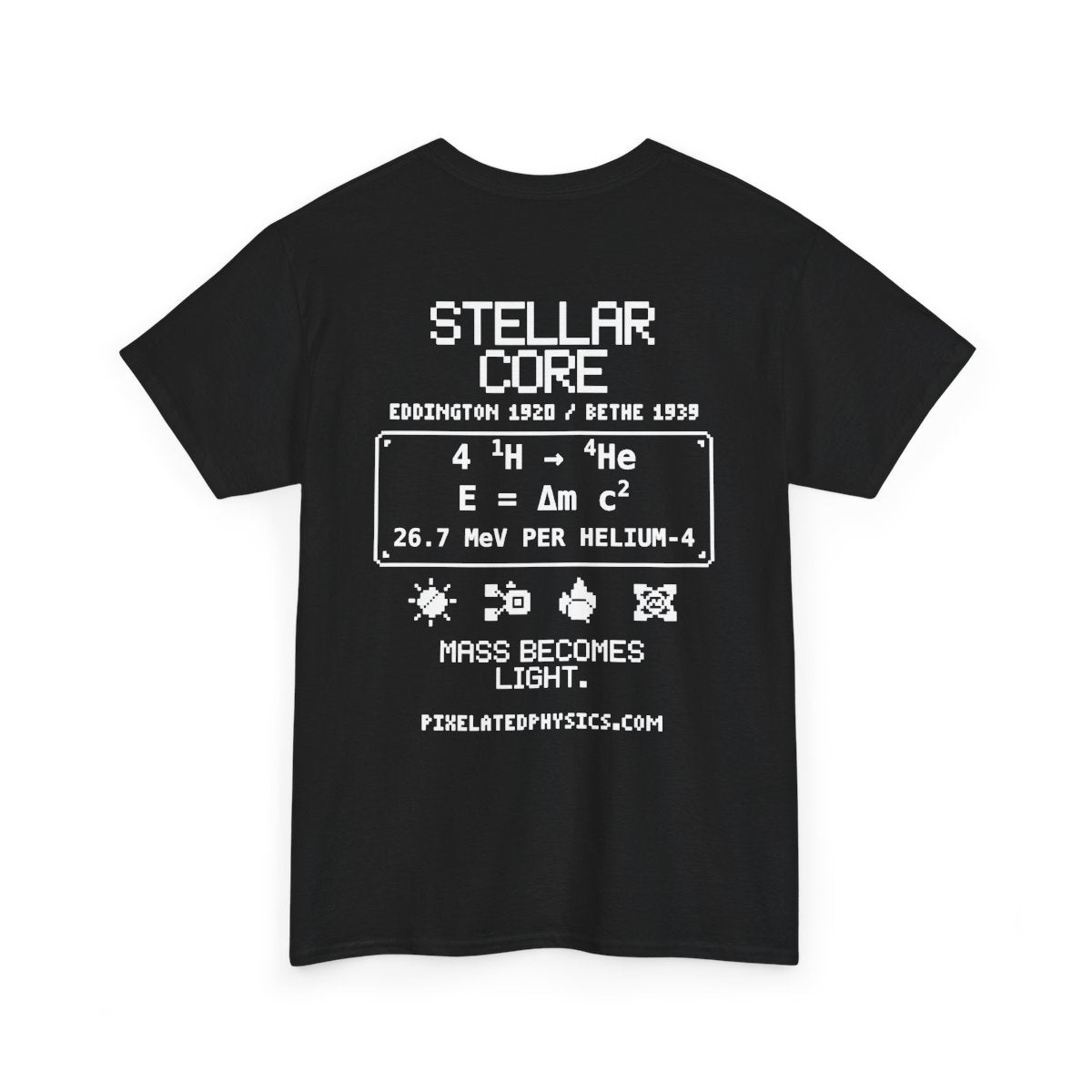 Back of Stellar Core tee: Nuclear Fusion on a black shirt, white ink
