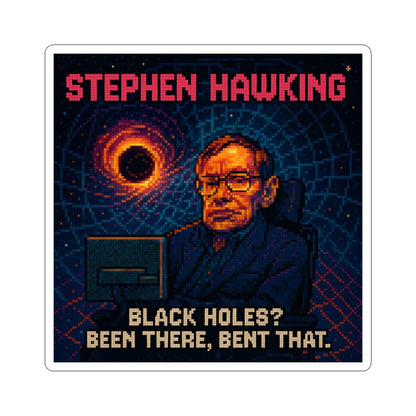 Stephen Hawking pixel-art physics sticker – black holes