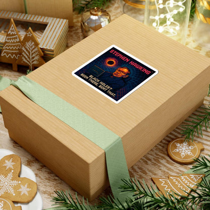 Stephen Hawking pixel-art physics sticker on a cardboard box