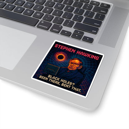Stephen Hawking pixel-art physics sticker on a laptop