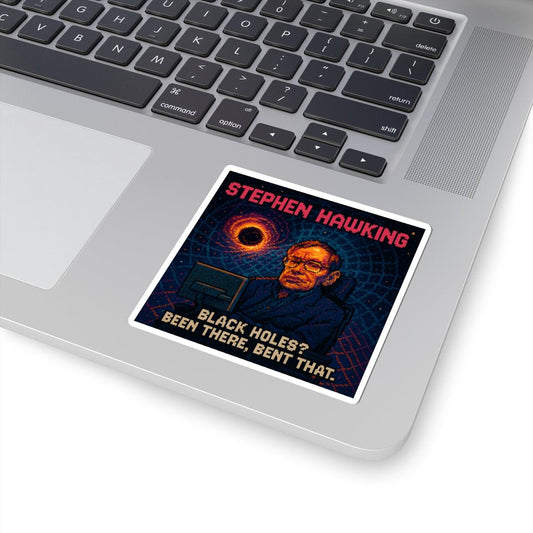 Stephen Hawking pixel-art physics sticker on a laptop