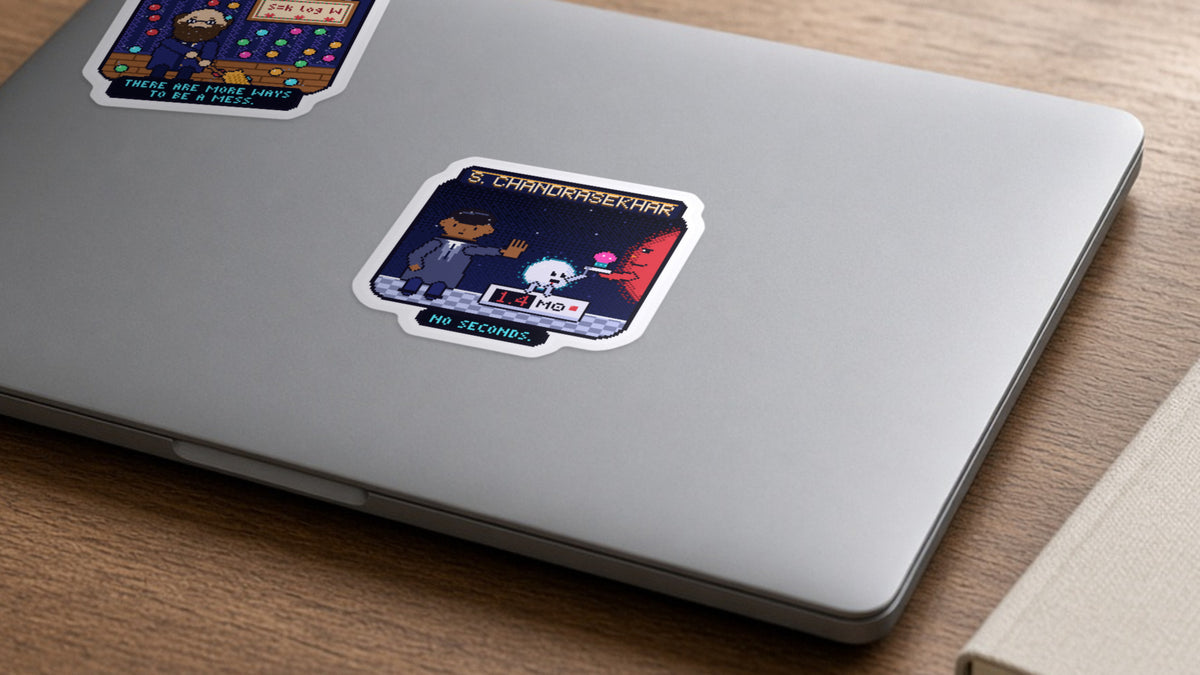 Subrahmanyan Chandrasekhar pixel-art physics sticker on a laptop