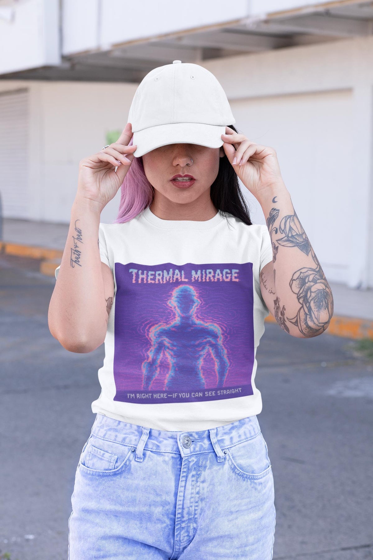 White Thermal Mirage physics T-shirt, pixel-art mirage refraction design, worn by a woman