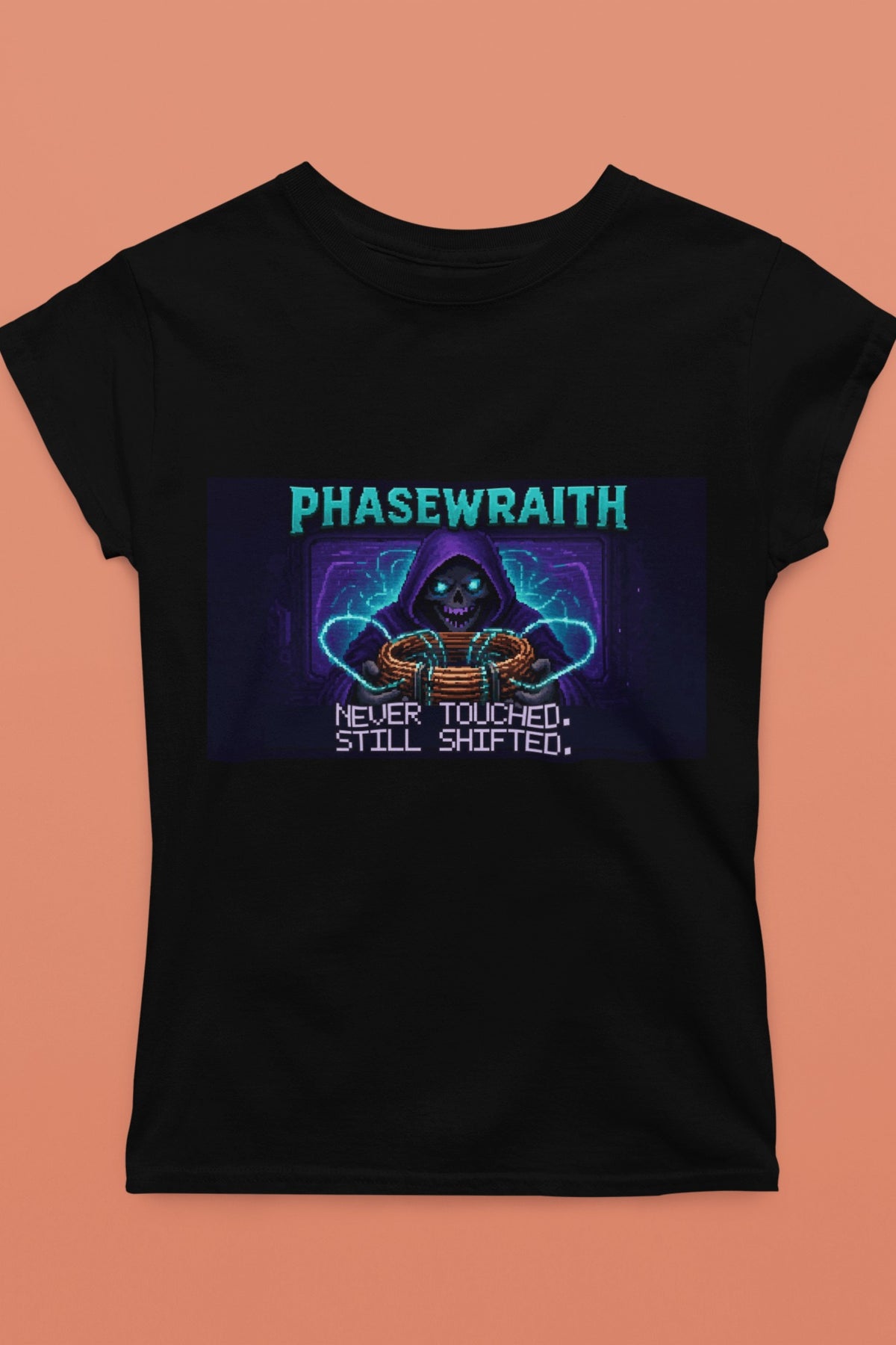 Phasewraith – Aharonov–Bohm Effect Physics T-Shirt – flat lay, black