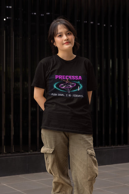 Precessa – Gyroscopic Precession Physics T-Shirt – female model, black