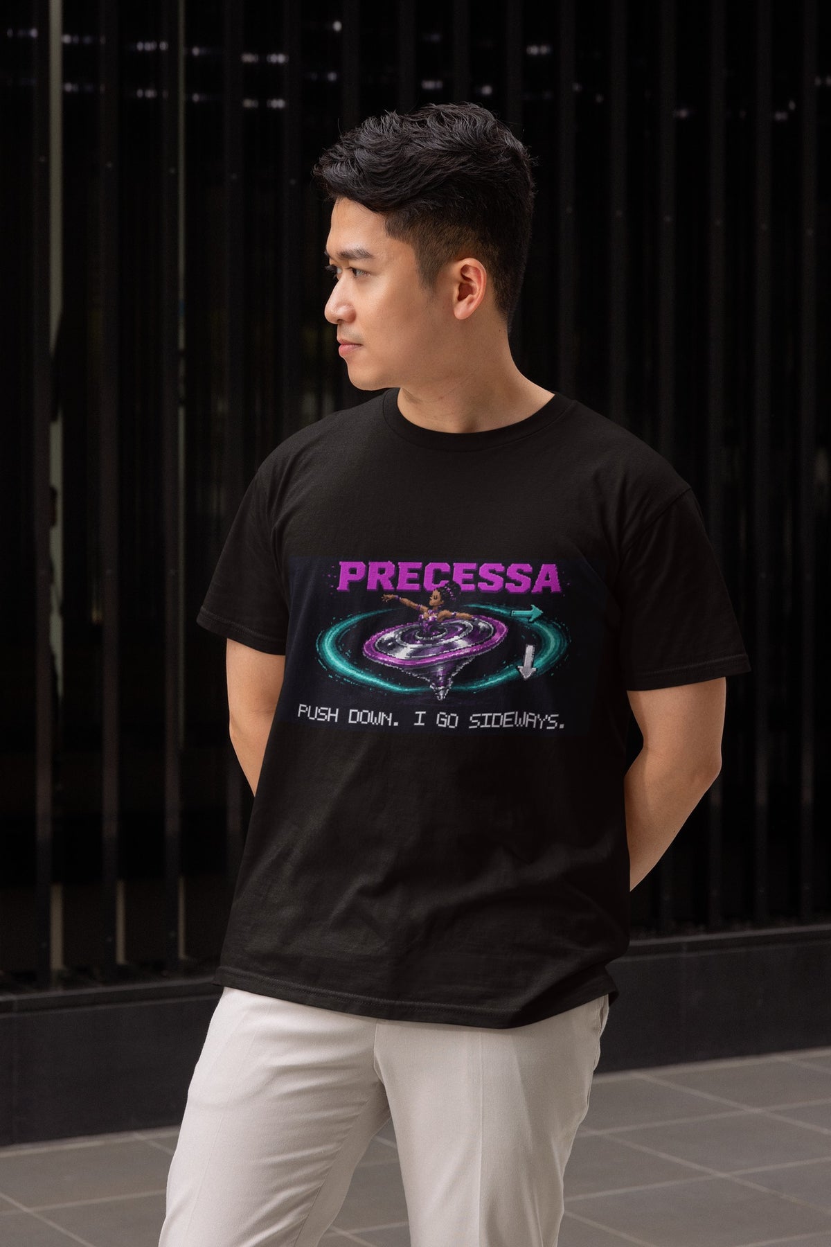 Precessa – Gyroscopic Precession Physics T-Shirt – male model, black