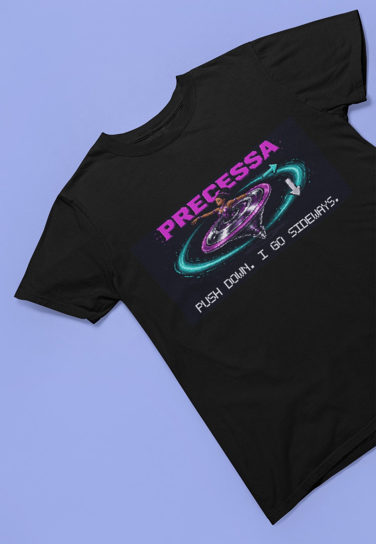 Precessa – Gyroscopic Precession Physics T-Shirt – flat lay, black