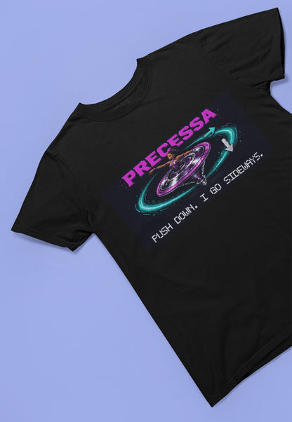 Precessa – Gyroscopic Precession Physics T-Shirt – flat lay, black