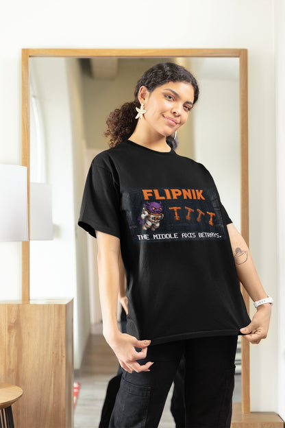 Flipnik – Intermediate Axis Theorem (Dzhanibekov Effect) Physics T-Shirt – female model, black