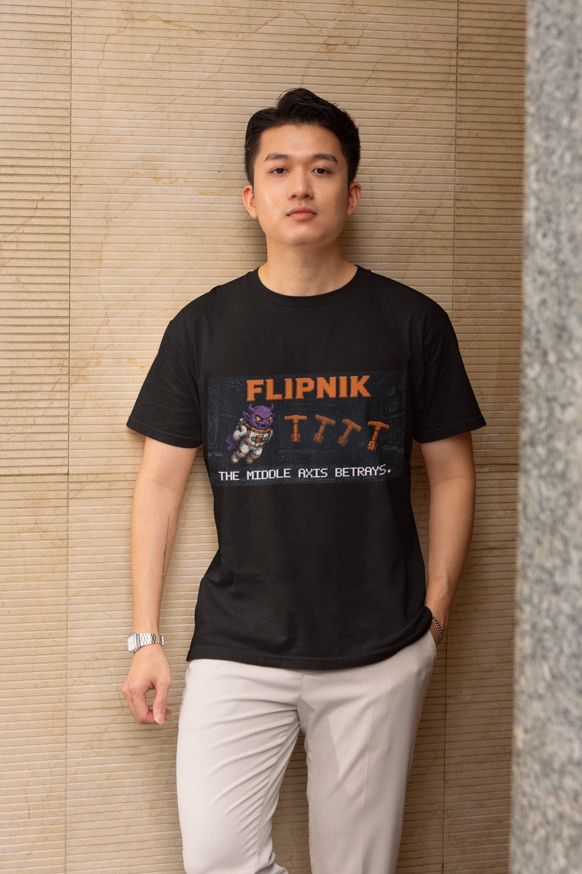 Flipnik – Intermediate Axis Theorem (Dzhanibekov Effect) Physics T-Shirt – male model, black
