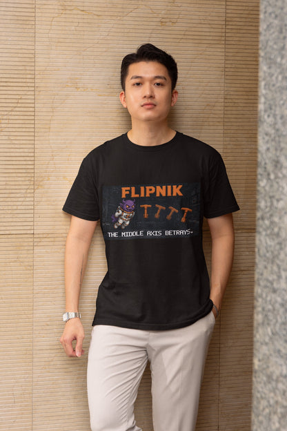 Flipnik – Intermediate Axis Theorem (Dzhanibekov Effect) Physics T-Shirt – male model, black
