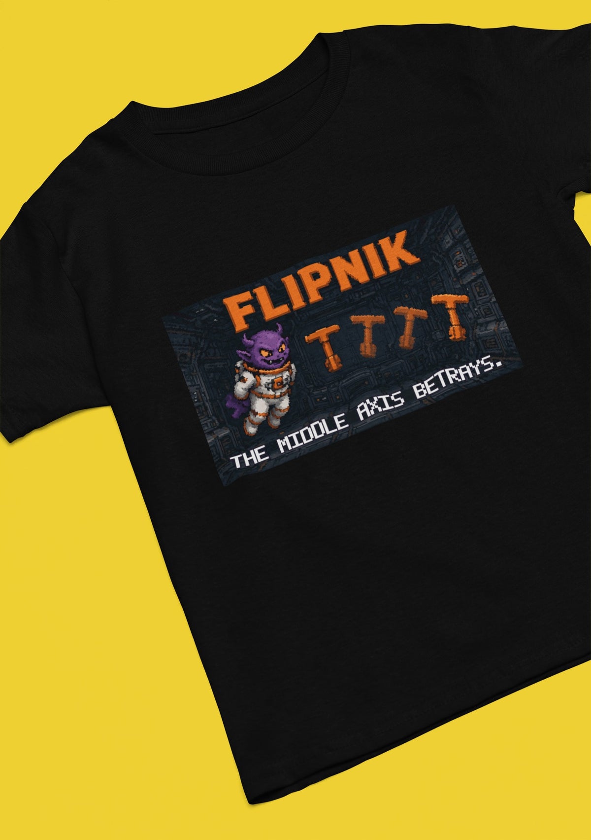 Flipnik – Intermediate Axis Theorem (Dzhanibekov Effect) Physics T-Shirt – flat lay, black