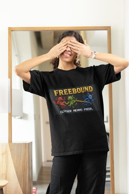 Freebound – Asymptotic Freedom (QCD) Physics T-Shirt – female model, black