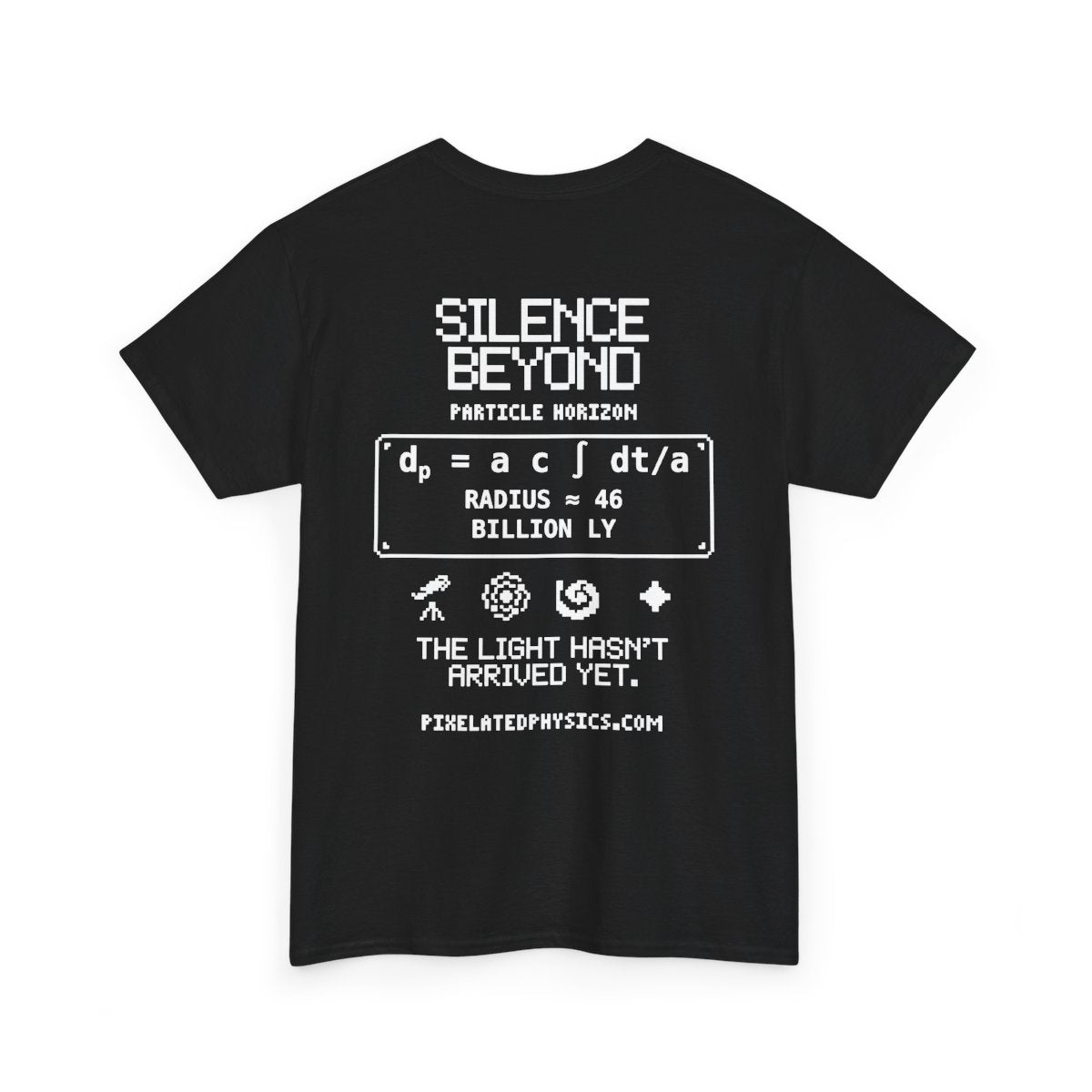 Back of The Silence Beyond tee: Cosmic Horizon on a black shirt, white ink