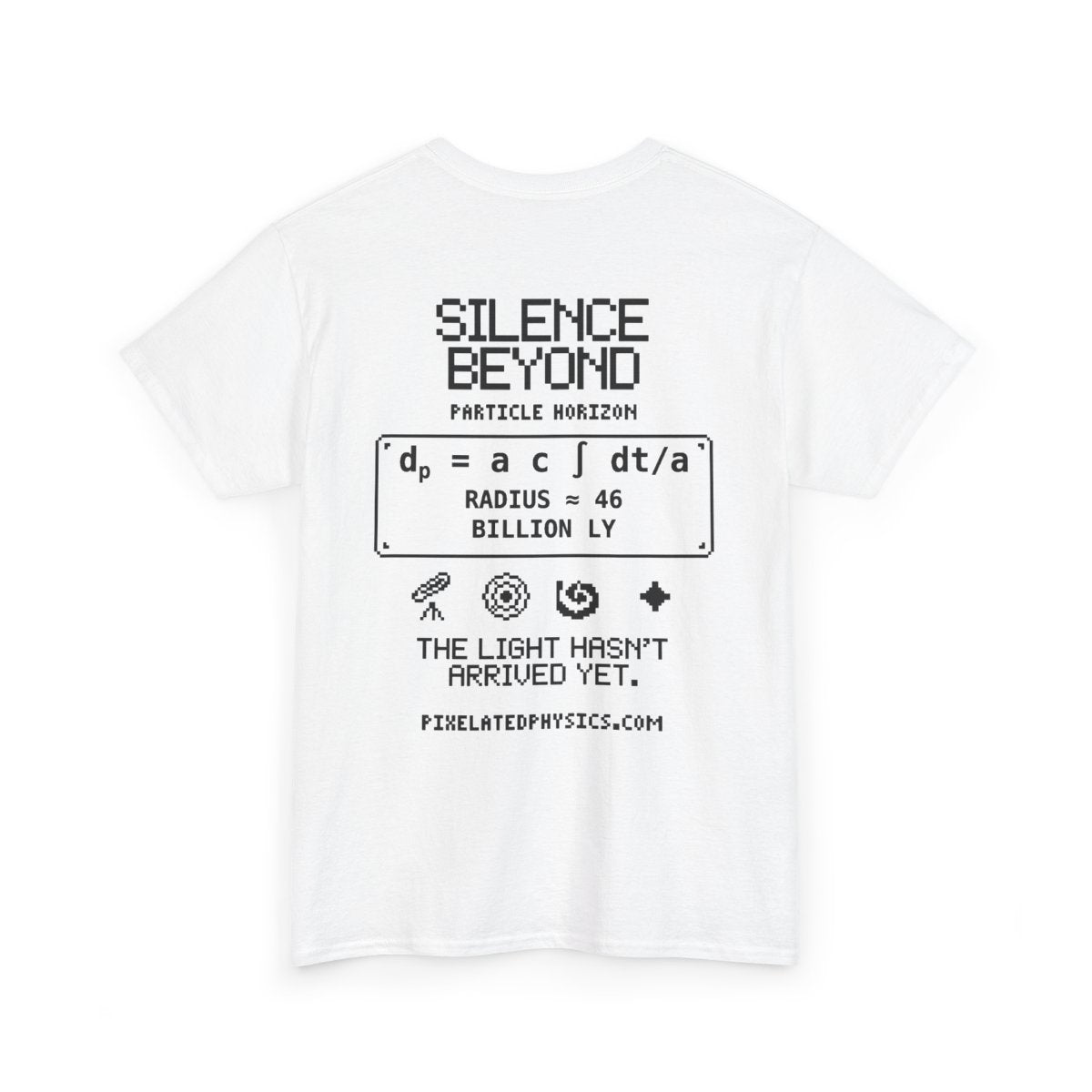 Back of The Silence Beyond tee: Cosmic Horizon on a white shirt, black ink
