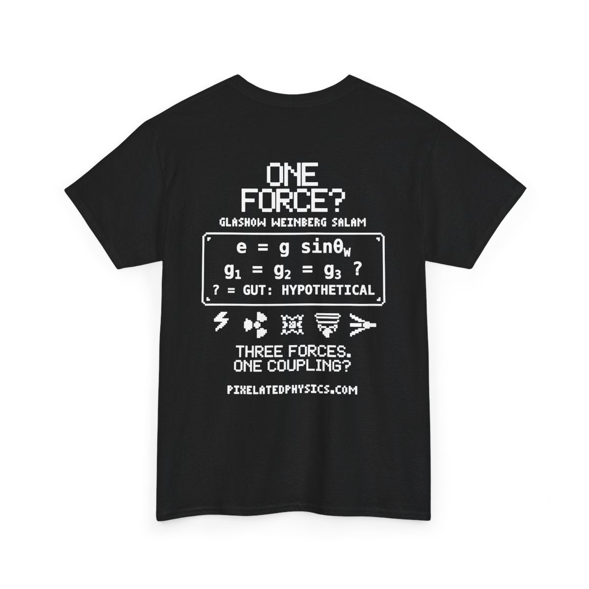 Back of The Unifier tee: Theory of Everything on a black shirt, white ink