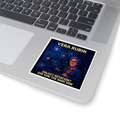Vera Rubin pixel-art physics sticker on a laptop