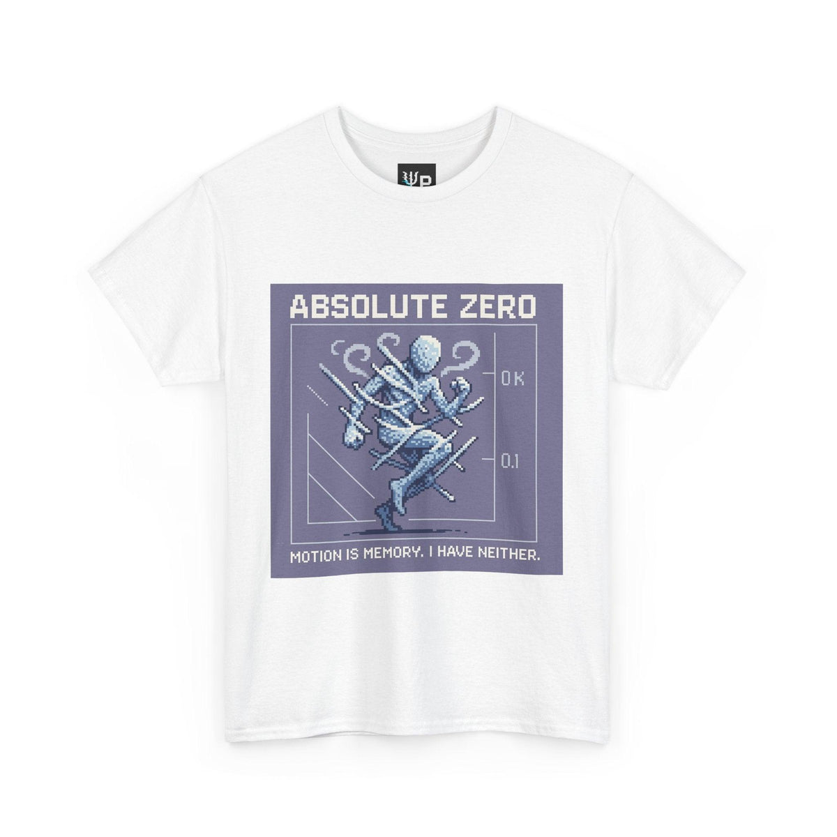 White Absolute Zero physics T-shirt, pixel-art absolute zero, 0 kelvin design, front view