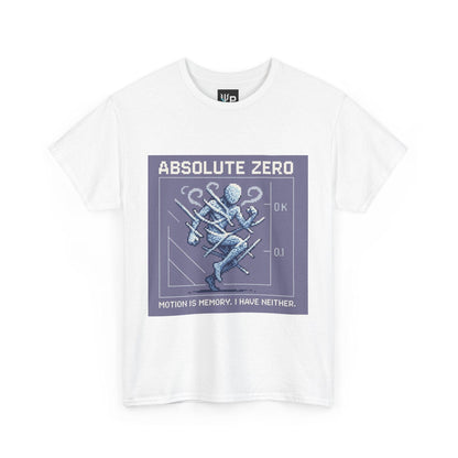 White Absolute Zero physics T-shirt, pixel-art absolute zero, 0 kelvin design, front view