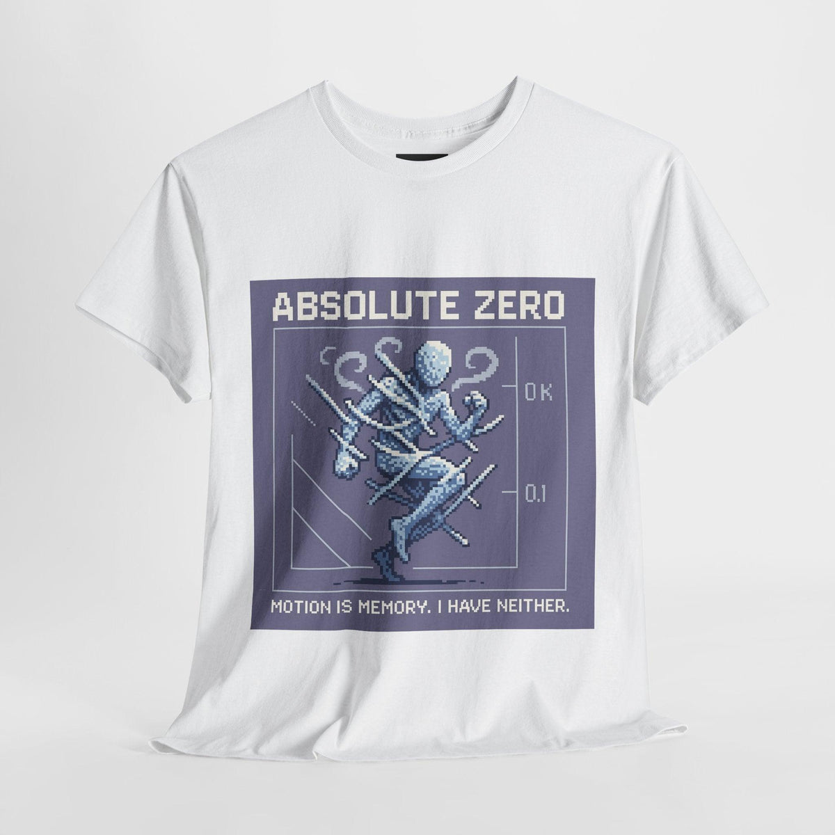 White Absolute Zero physics T-shirt, pixel-art absolute zero, 0 kelvin design, front view