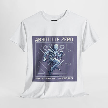 White Absolute Zero physics T-shirt, pixel-art absolute zero, 0 kelvin design, front view