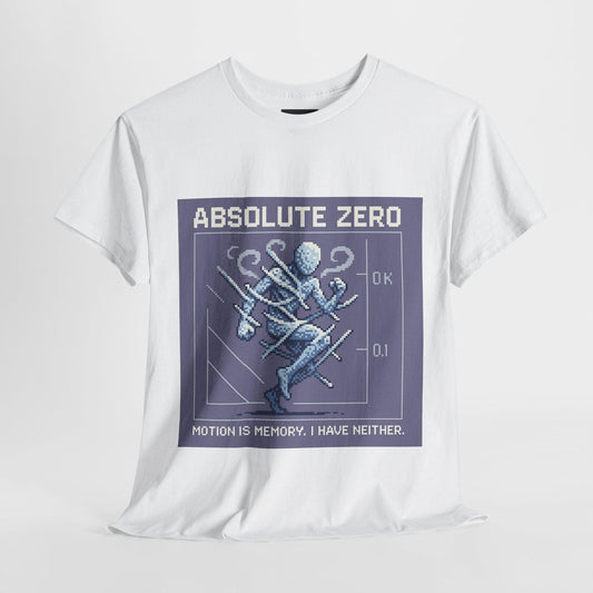 White Absolute Zero physics T-shirt, pixel-art absolute zero, 0 kelvin design, front view