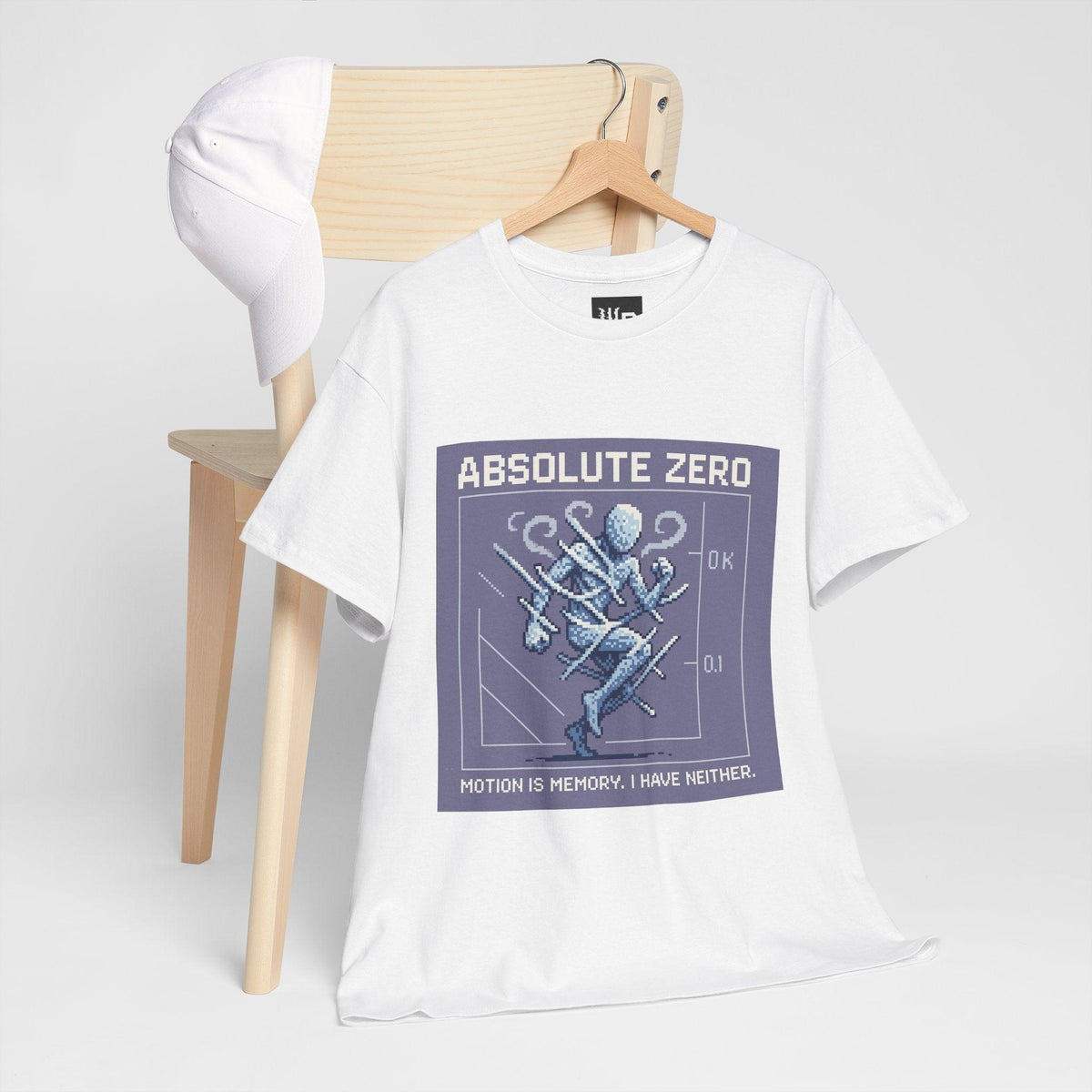 White Absolute Zero physics T-shirt, pixel-art absolute zero, 0 kelvin design, hanging on a chair