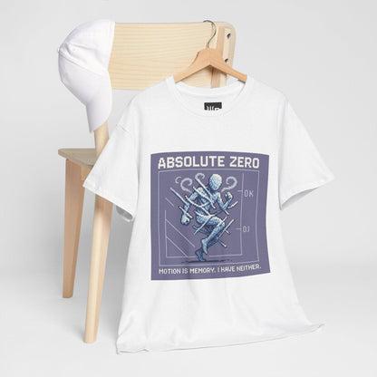 White Absolute Zero physics T-shirt, pixel-art absolute zero, 0 kelvin design, hanging on a chair