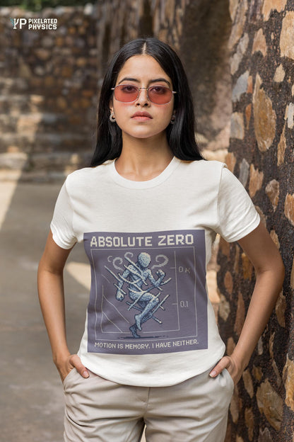 White Absolute Zero physics T-shirt, pixel-art absolute zero, 0 kelvin design, worn by a woman