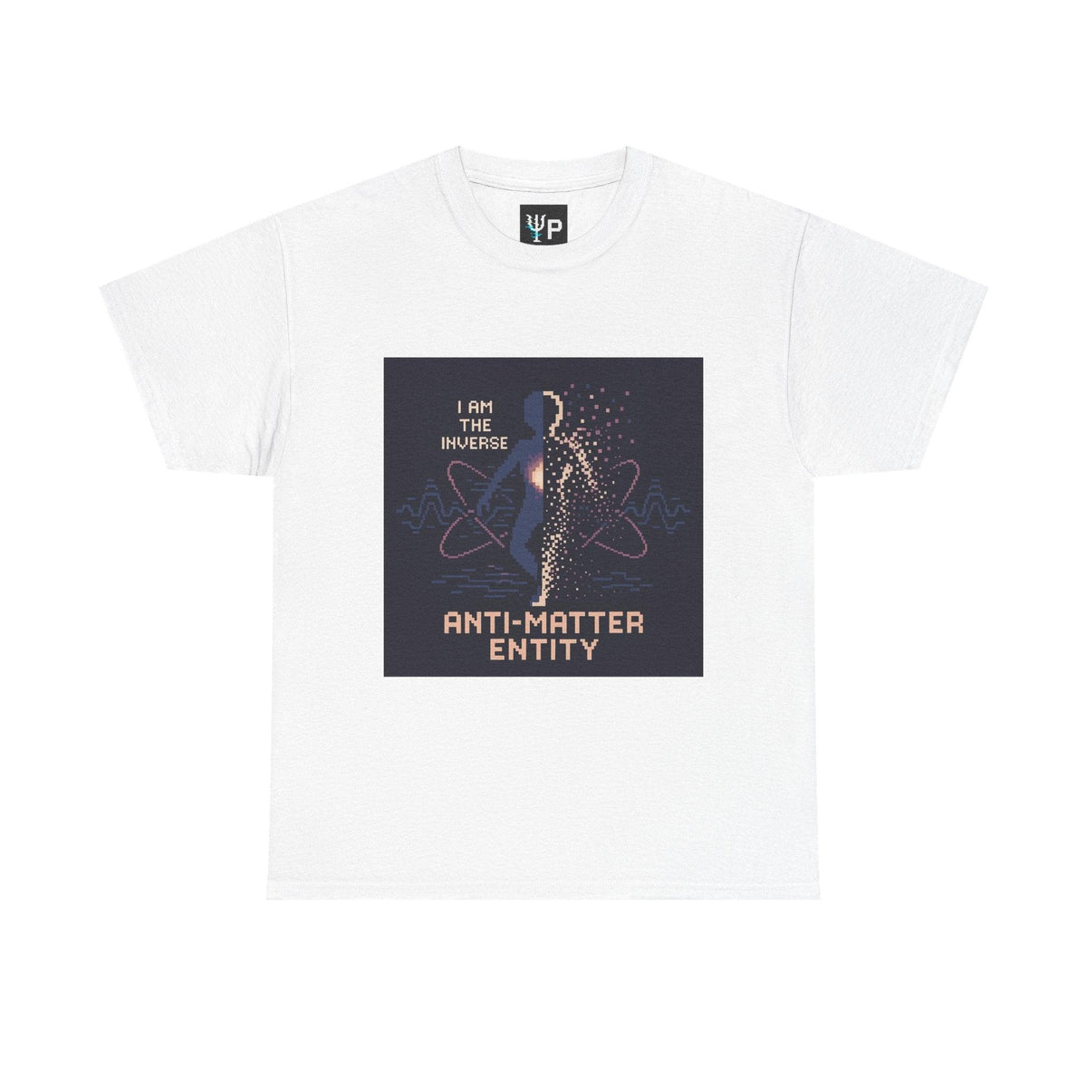 White Anti-Matter Entity physics T-shirt, pixel-art matter–antimatter annihilation design, front view