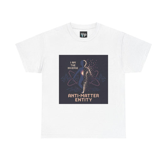 White Anti-Matter Entity physics T-shirt, pixel-art matter–antimatter annihilation design, front view