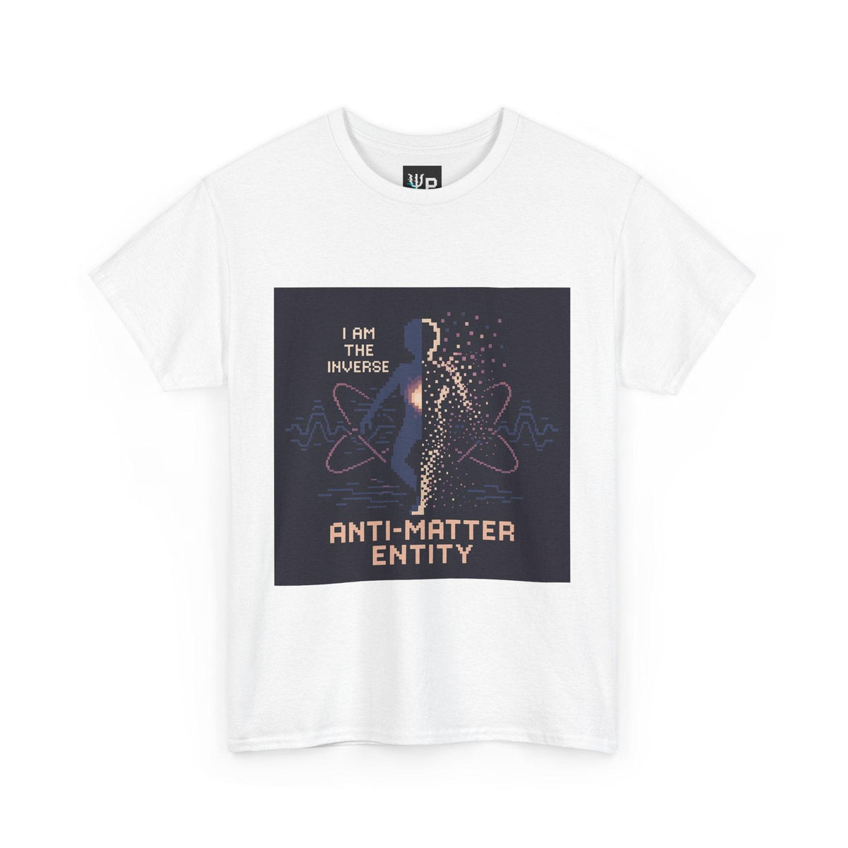 White Anti-Matter Entity physics T-shirt, pixel-art matter–antimatter annihilation design, front view