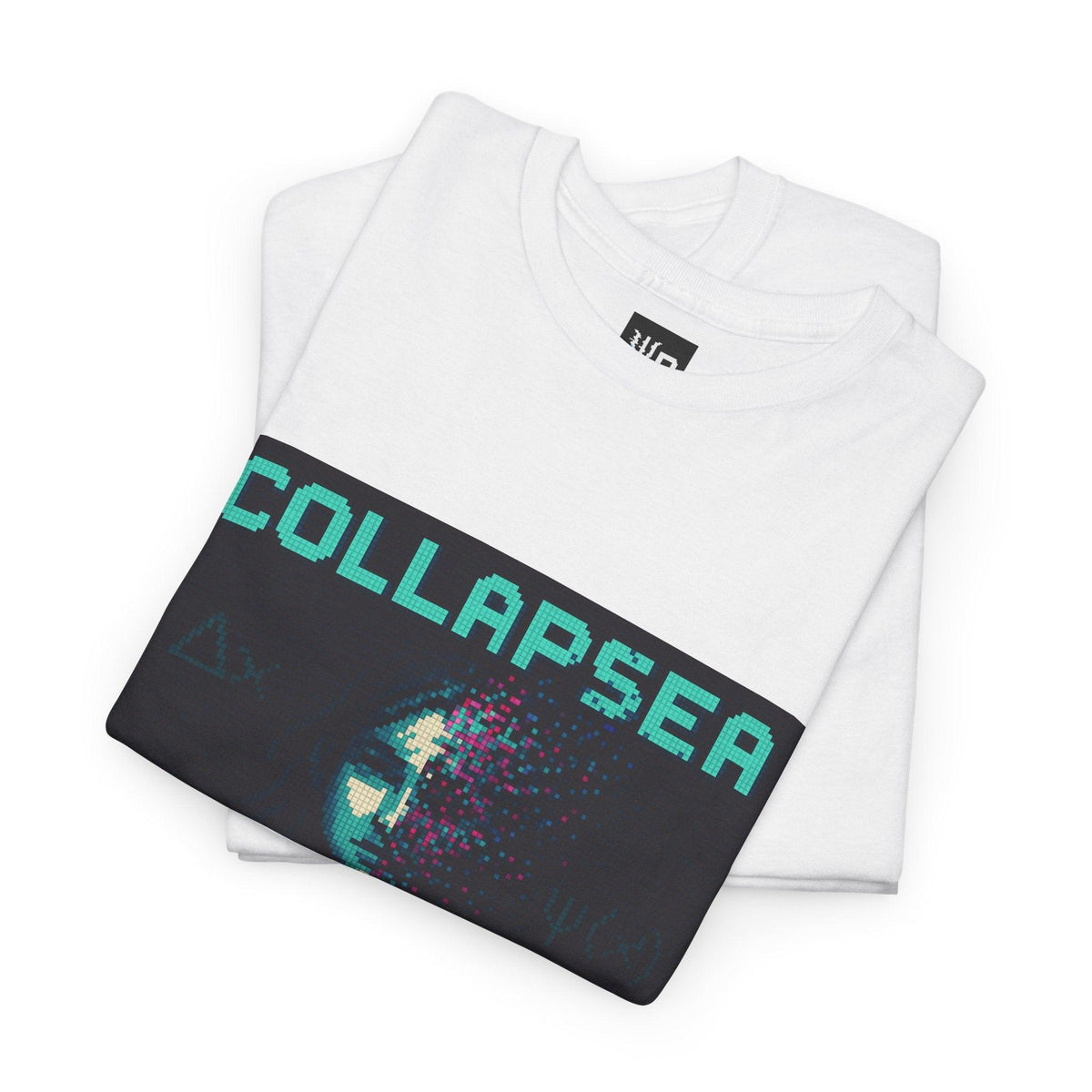 White Collapsea physics T-shirt, pixel-art wave function collapse design, folded