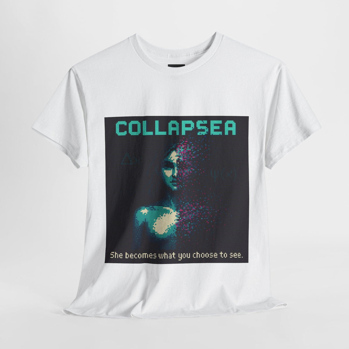 White Collapsea physics T-shirt, pixel-art wave function collapse design, front view