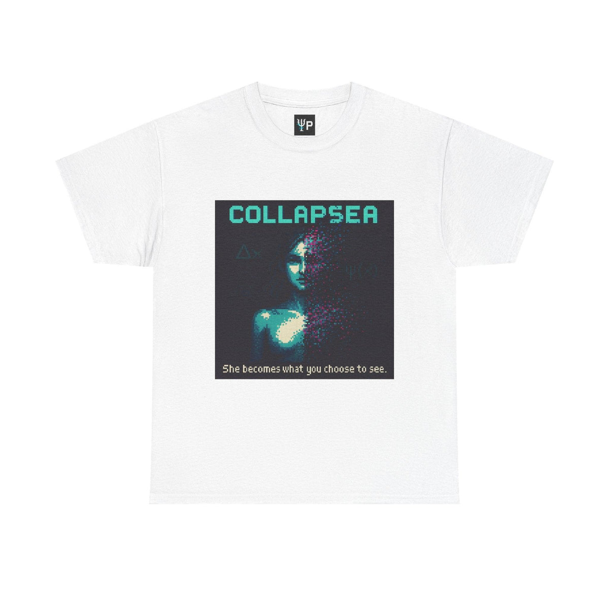 White Collapsea physics T-shirt, pixel-art wave function collapse design, front view