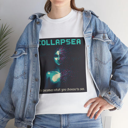 White Collapsea physics T-shirt, pixel-art wave function collapse design, worn by a woman