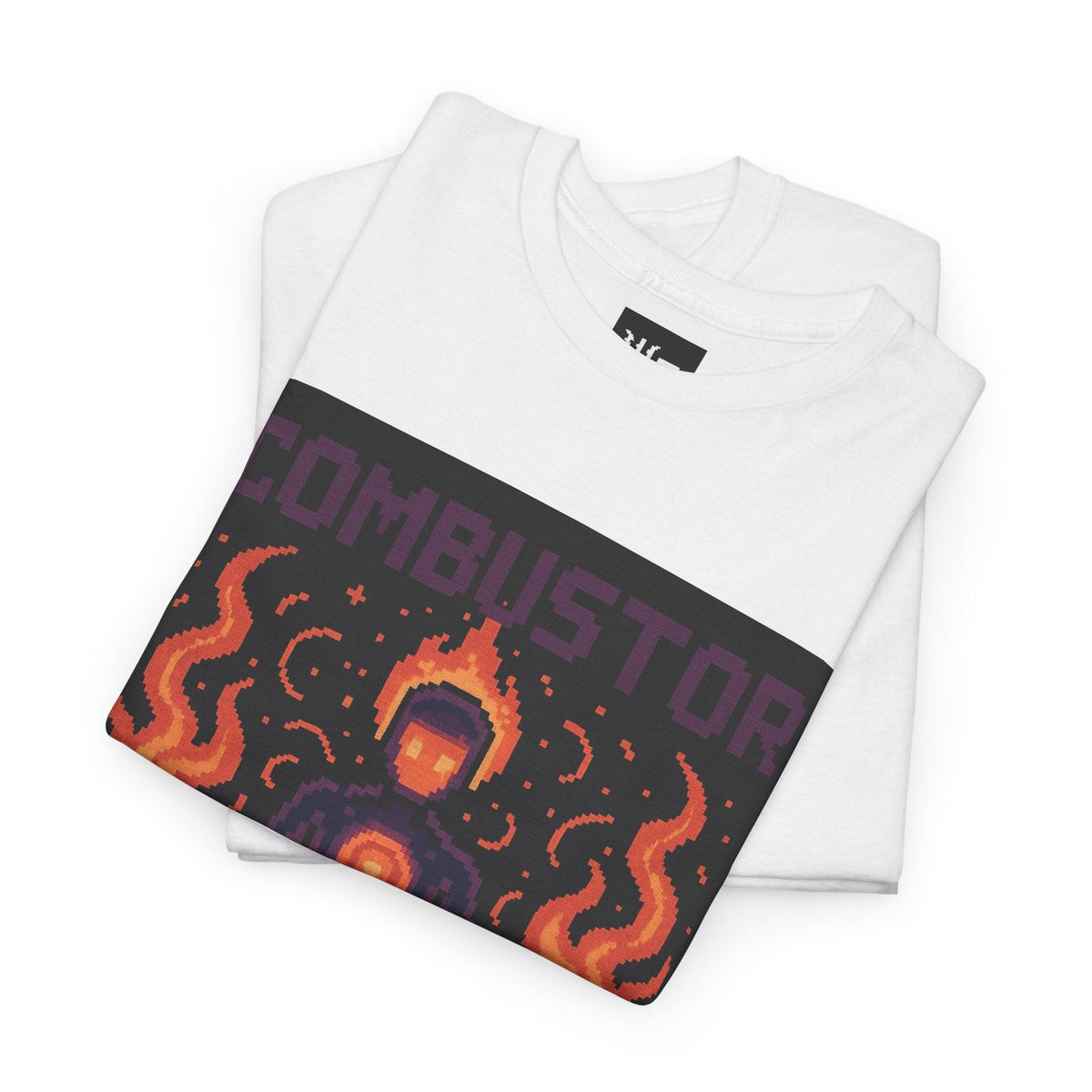 White Combustor physics T-shirt, pixel-art combustion design, folded